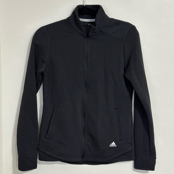 Adidas Womens Textured Full Zip Light Jacket Mock Neck Pockets Thumbholes Cuffs - Picture 1 of 8